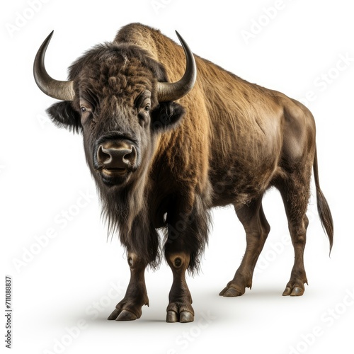 Majestic European bison standing isolated on white background  detailed wildlife portrait.