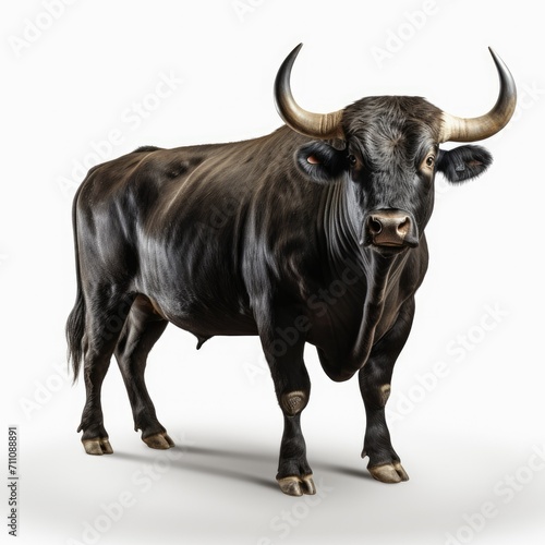 Majestic black bull with curved horns standing against a white background  full body visible.