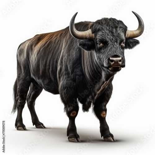 Majestic black bull with curved horns standing against a white background, full body visible.
