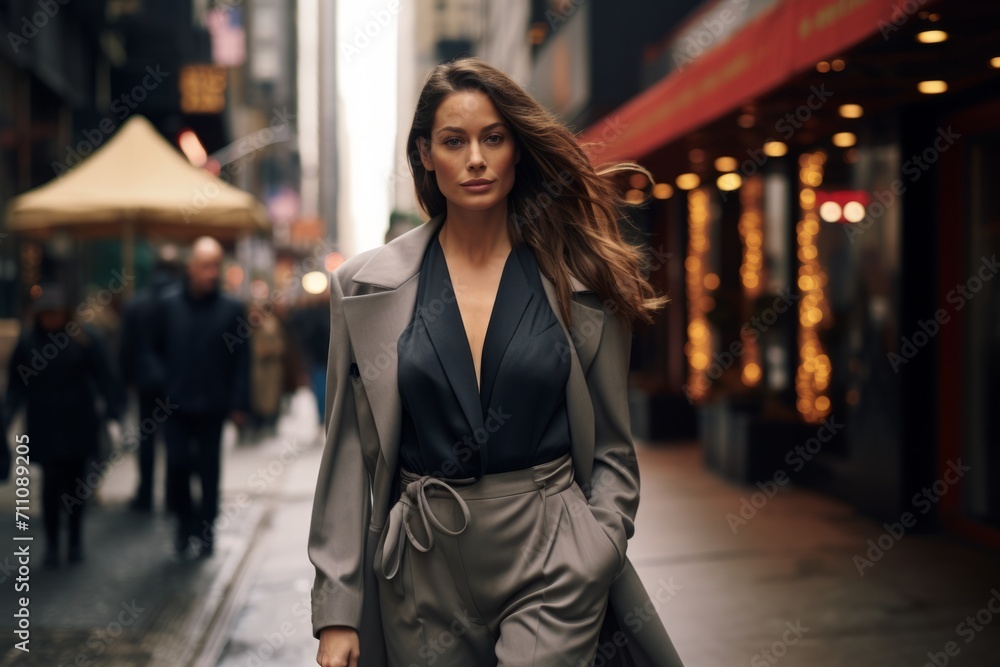 A sophisticated woman in a layered duster coat over a slim-fit jumpsuit, confidently striding through a bustling city street, her eyes reflecting determination and ambition