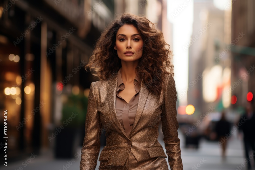 Elegant businesswoman in a chocolate brown suit paired with a delicate lace bodysuit, confidently striding through the bustling city streets, her eyes sparkling with determination