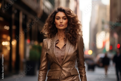 Elegant businesswoman in a chocolate brown suit paired with a delicate lace bodysuit, confidently striding through the bustling city streets, her eyes sparkling with determination