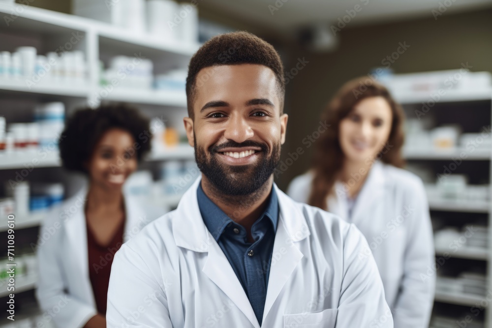 Professional Pharmacist in a Modern Pharmacy Assisting a Customer with a Warm Smile, Shelves Organized with Various Medicines in the Background Professional Pharmacist in a Modern Pharmacy Assisting a Customer with a Warm Smile, Shelves Organized with Various Medicines in the Background