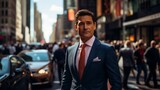 Confident businessman standing in a busy city street
