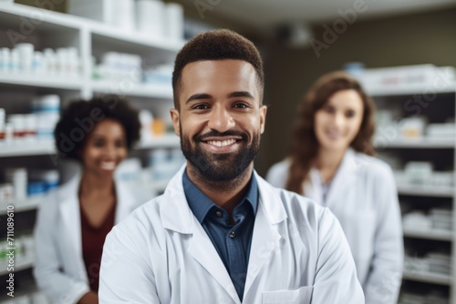 Professional Pharmacist in a Modern Pharmacy Assisting a Customer with a Warm Smile, Shelves Organized with Various Medicines in the Background
