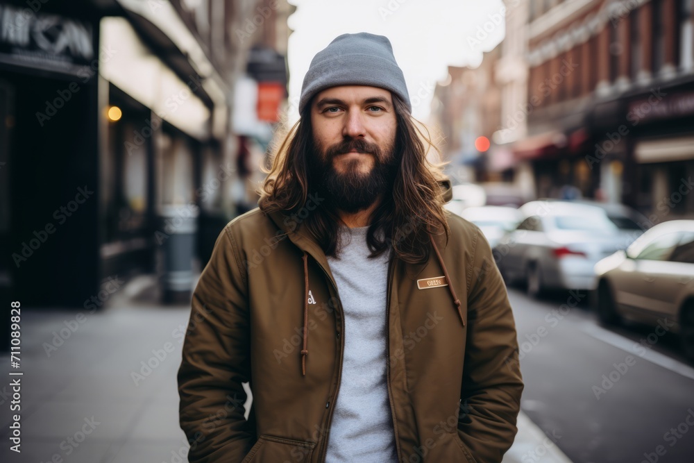 Handsome man with long beard and mustache in a green jacket on a city street Handsome man with long beard and mustache in a green jacket on a city street