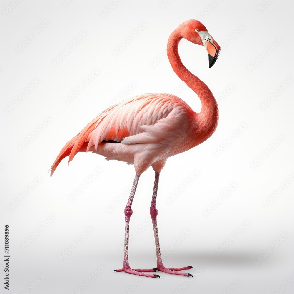 Fototapeta premium Elegant flamingo standing isolated on white background, side view with detailed plumage and graceful neck curve.
