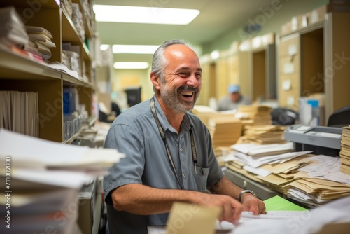 A dedicated Information Clerk at a bustling public institution, surrounded by stacks of documents, assisting visitors with a warm smile