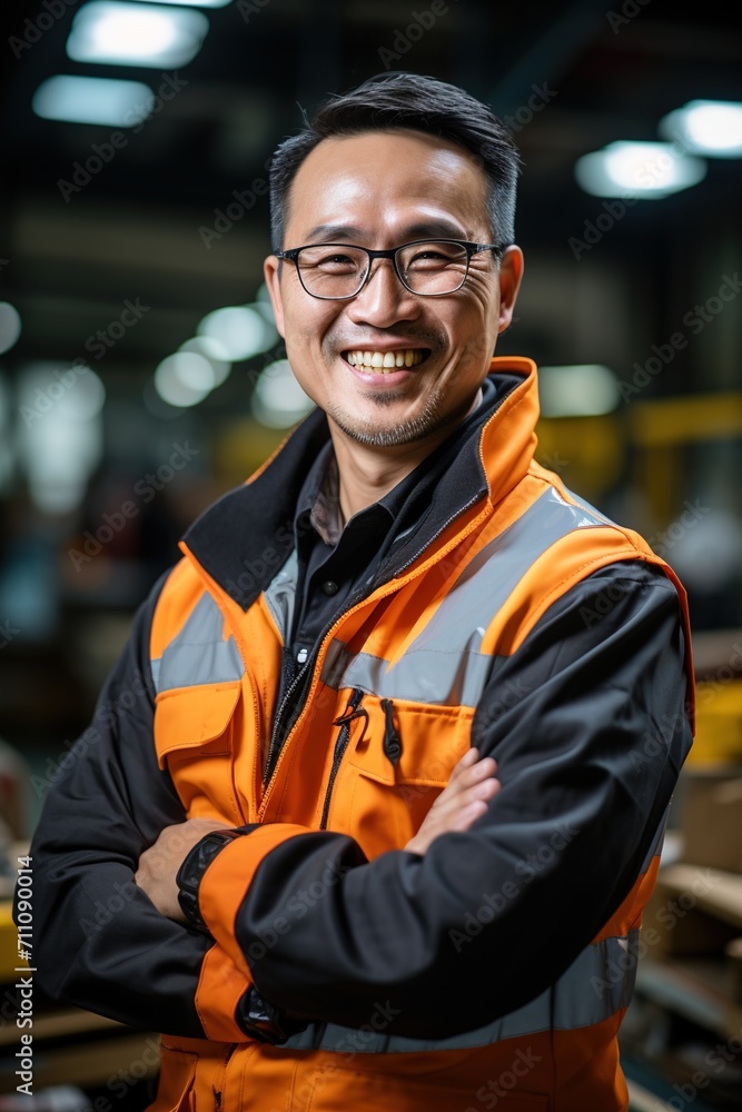 Portrait of a smiling Asian man in a warehouse Portrait of a smiling Asian man in a warehouse