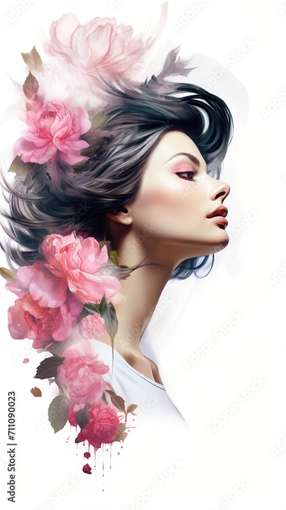 An illustration of a woman with dark hair and pink flowers in her hair