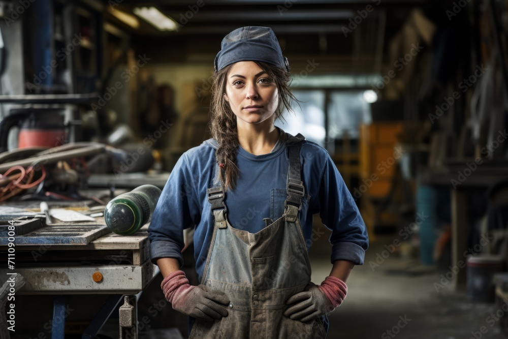 Portrait of a Determined Female Cement Mason, Proudly Standing in Her Work Environment, Surrounded by Tools and Freshly Mixed Cement Portrait of a Determined Female Cement Mason, Proudly Standing in Her Work Environment, Surrounded by Tools and Freshly Mixed Cement