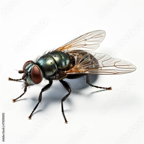 Close-up of a housefly on a white background, showcasing detailed textures and natural colors.