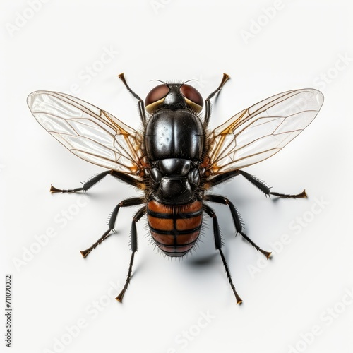 Close-up of a housefly on a white background, showcasing detailed textures and natural colors.