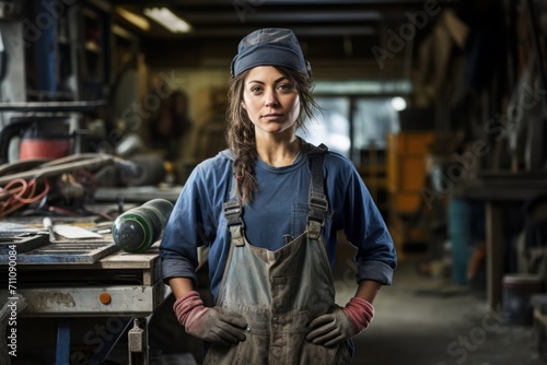 Portrait of a Determined Female Cement Mason, Proudly Standing in Her Work Environment, Surrounded by Tools and Freshly Mixed Cement