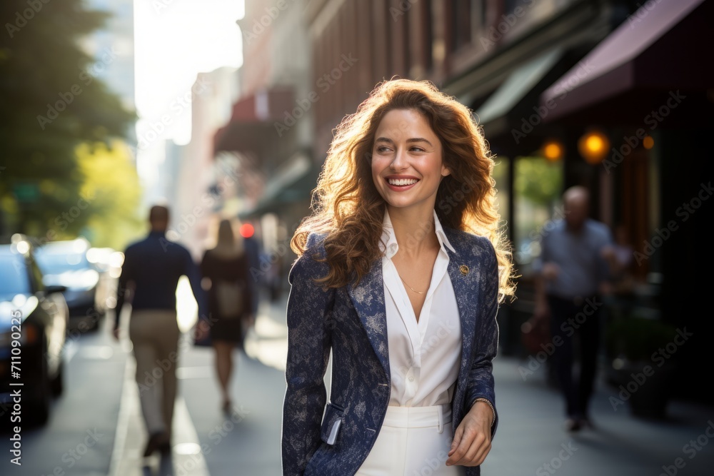 Elegant woman in a gold-buttoned navy blazer and crisp white trousers, confidently striding down a bustling city street, her radiant smile reflecting the golden afternoon sun