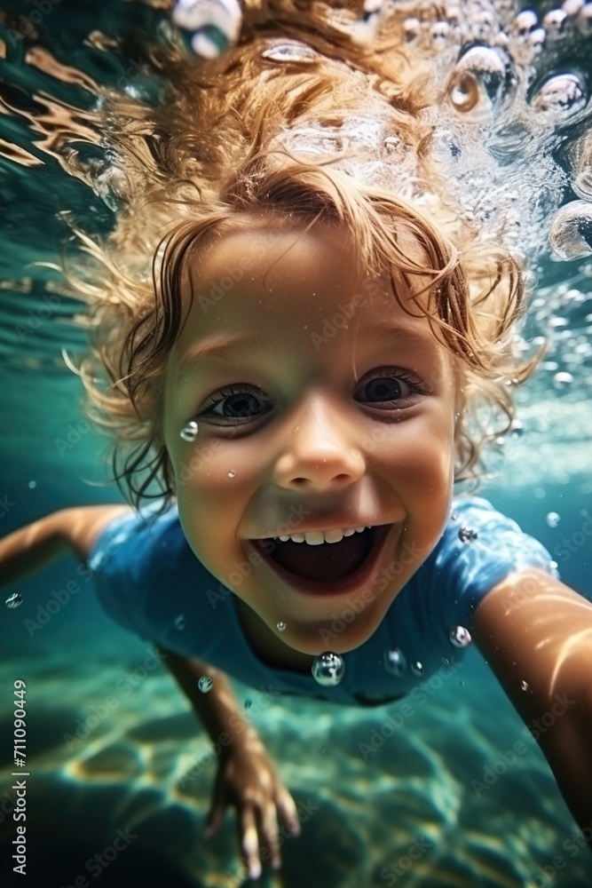 Ecstatic Child Swimming Underwater