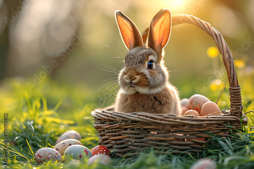 Little Bunny In Basket With Decorated Eggs - Easter Card