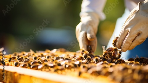Macro shot of a beekeeper gently placing a new queen bee into the heart of a bustling urban colony. photo