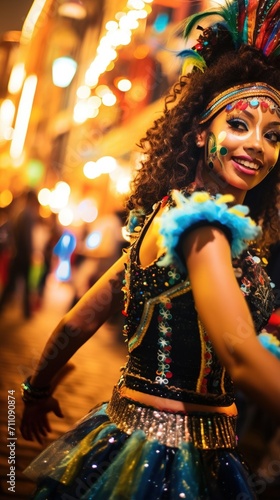 A woman in a colorful costume is dancing at a carnival.