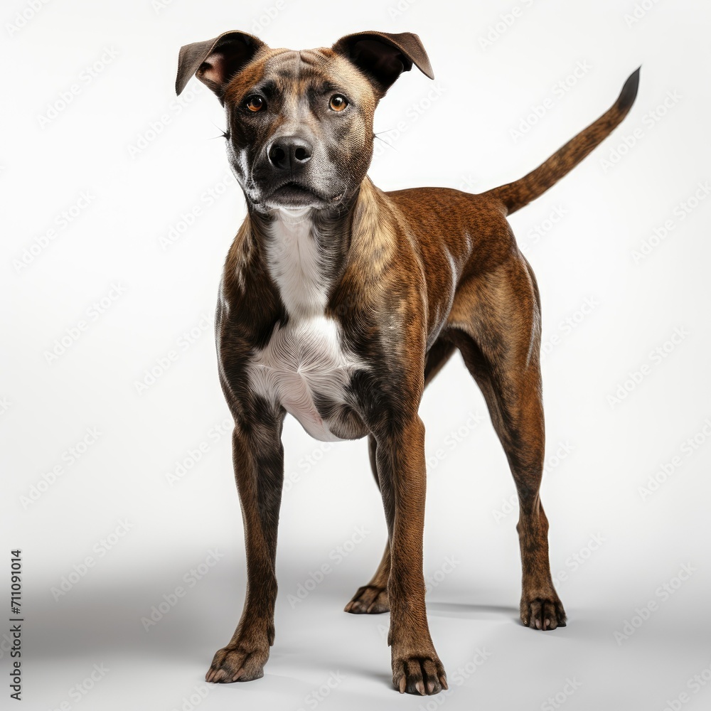 Brindle mixed breed dog standing against a white background, looking at the camera with a curious expression.