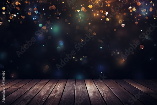 Empty wood table top on bokeh and blur abstract dark blue background with golden lights. Product display template. Display mockup, montage your product, design key visual layout