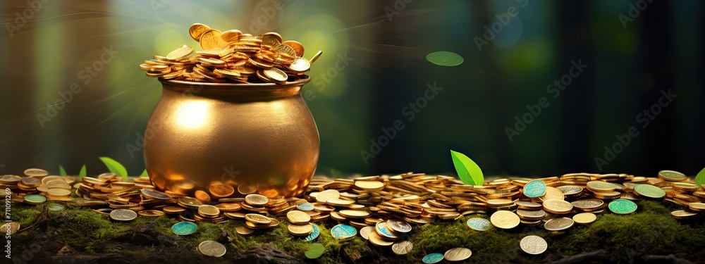 Gold pot full of coins on dark magic forest. Fantasy fairy tail background. St. Patrick's day holiday symbol. Template for design card, invitation, banner Gold pot full of coins on dark magic forest. Fantasy fairy tail background. St. Patrick's day holiday symbol. Template for design card, invitation, banner