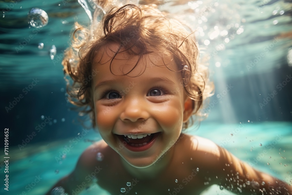 Ecstatic curly-haired toddler swimming underwater