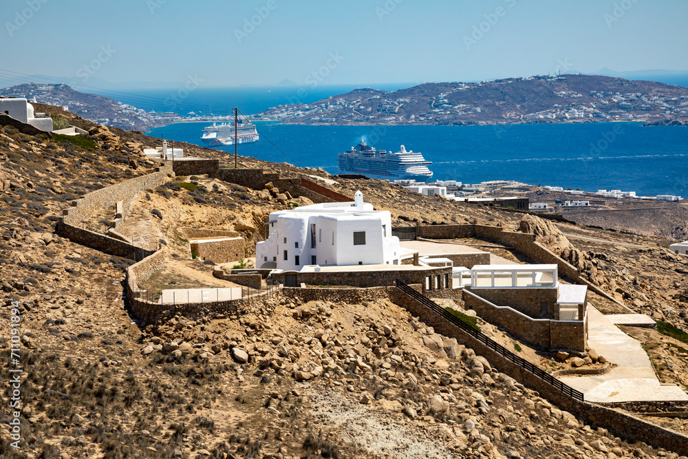 Panorama View of town from elevated view point at Mykonos Town