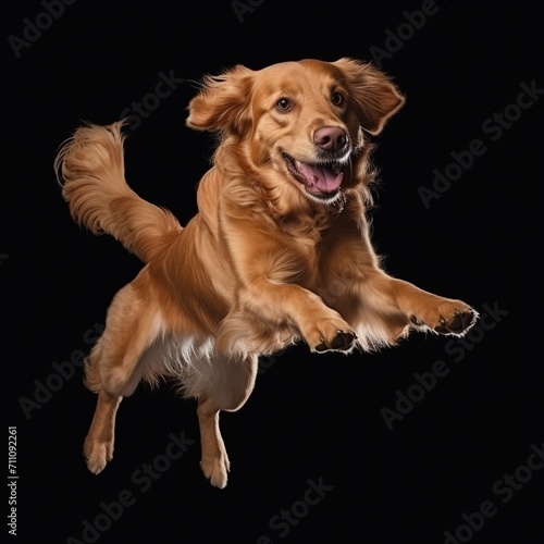 Golden Retriever jumping in mid air