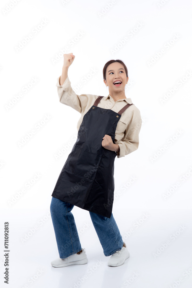 Portrait young asian barista woman wearing apron standing and smile isolated white background, waitress or entrepreneur cheerful, small business or startup, waiter of cafe or coffee shop. Portrait young asian barista woman wearing apron standing and smile isolated white background, waitress or entrepreneur cheerful, small business or startup, waiter of cafe or coffee shop.