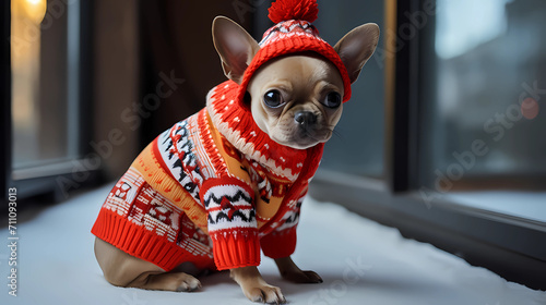 This charming painting features a puppy wearing a knitted sweater and hat. The warm tones of the knitted garments create a cozy atmosphere, while the playful gaze of the puppy brings joy and tendernes photo