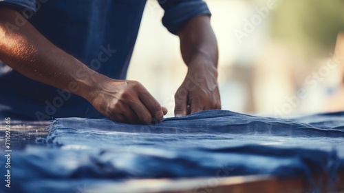 Closeup of a worker using a natural indigo dyeing technique on organic cotton fabric for a sustainable fashion brand.