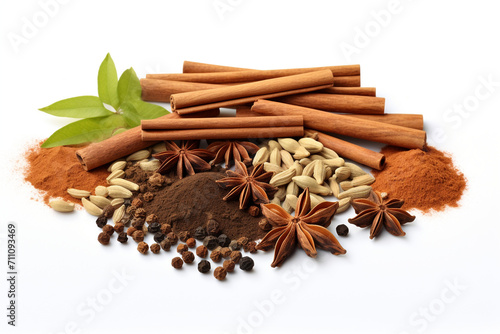 Spices And Cinnamon On White Background
