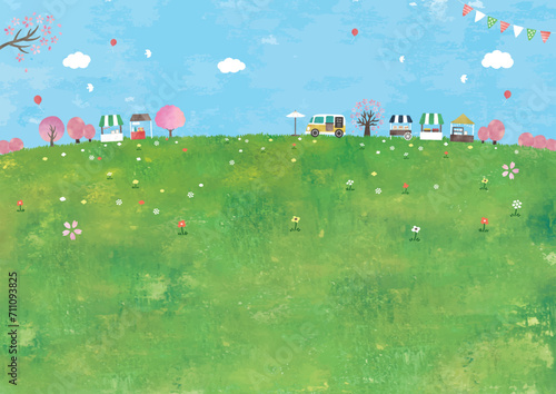 マルシェと桜と草原の風景水彩画