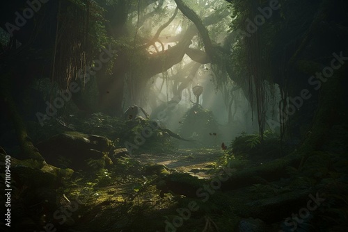 A mystical forest with an ancient presence and enchanting vibes. Generative AI