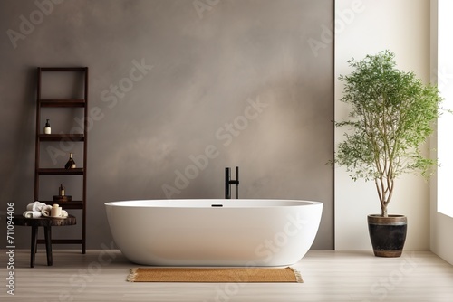 Bathroom with a large white bathtub and a tree