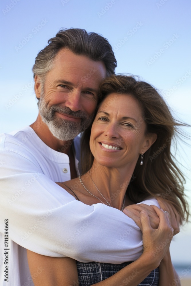 Happy middle-aged couple smiling outdoors Happy middle-aged couple smiling outdoors