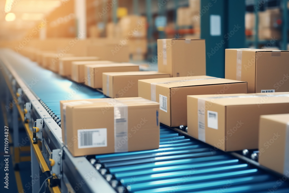Cardboard boxes on a conveyor belt in a warehouse Cardboard boxes on a conveyor belt in a warehouse