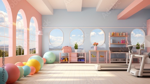 pastel home gym with large windows and colorful exercise balls photo