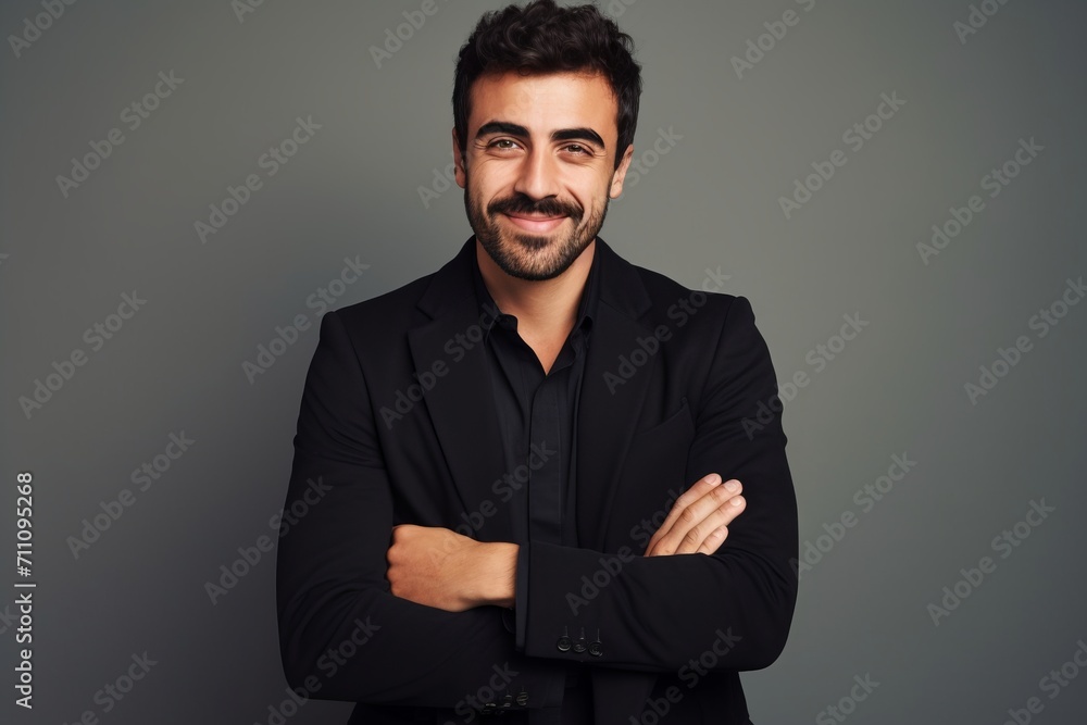 Portrait of a handsome smiling businessman in a black suit. Studio shot. Portrait of a handsome smiling businessman in a black suit. Studio shot.