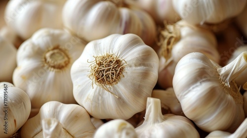 Background of fresh garlic. Top down view. Close up