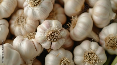 Background of fresh garlic. Top down view. Close up
