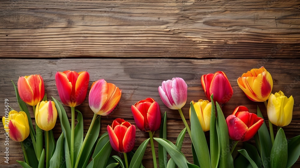 Colorful tulips side by side on wooden boards. Close up
