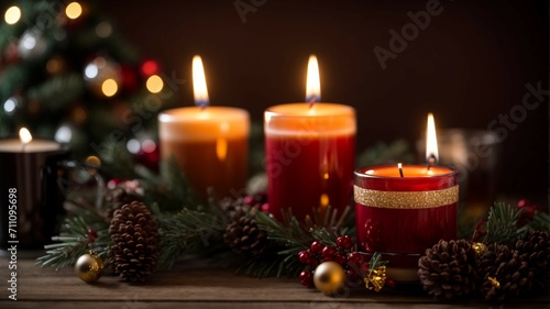 christmas still life with candles and decorations