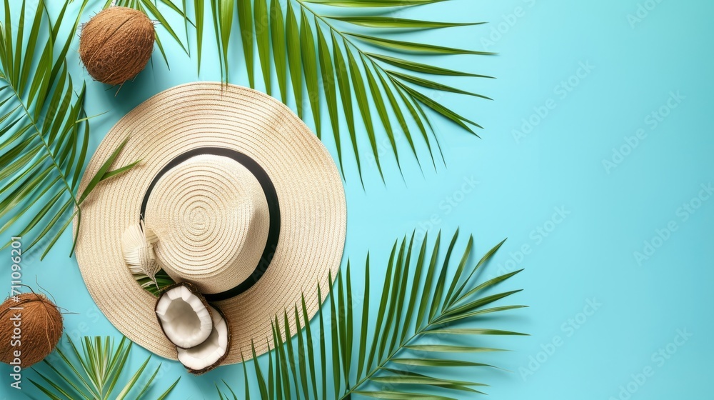 Tropical theme, hat palm leaves and chicken, blue background