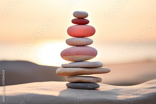 Balancing stones on the beach at sunset