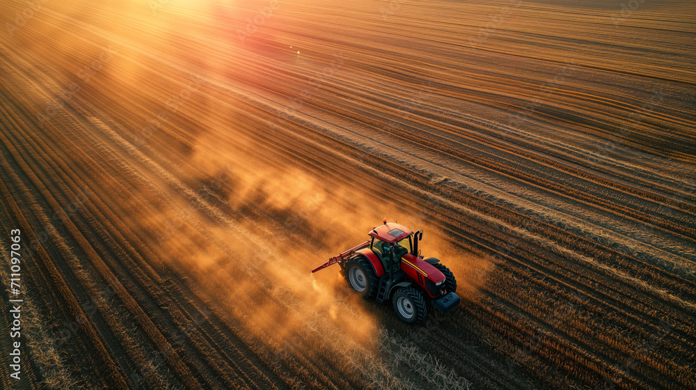 A farmer driving a tractor in a field in a sunset.