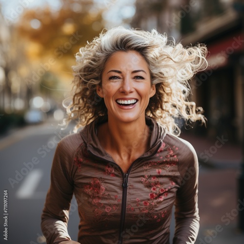 Happy blonde woman jogging in the city