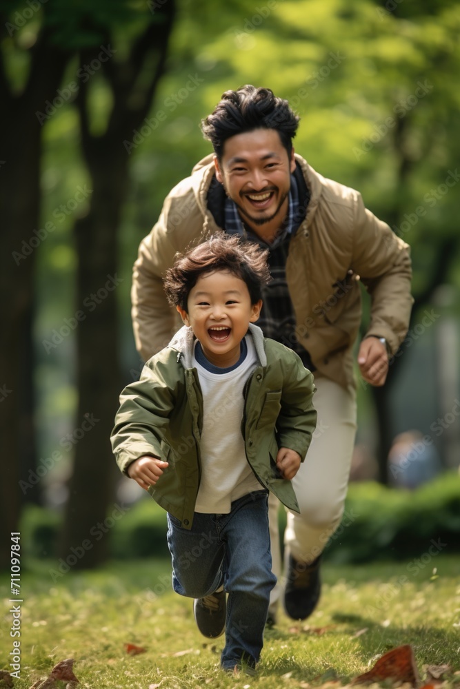 Happy Asian father and son running in the park