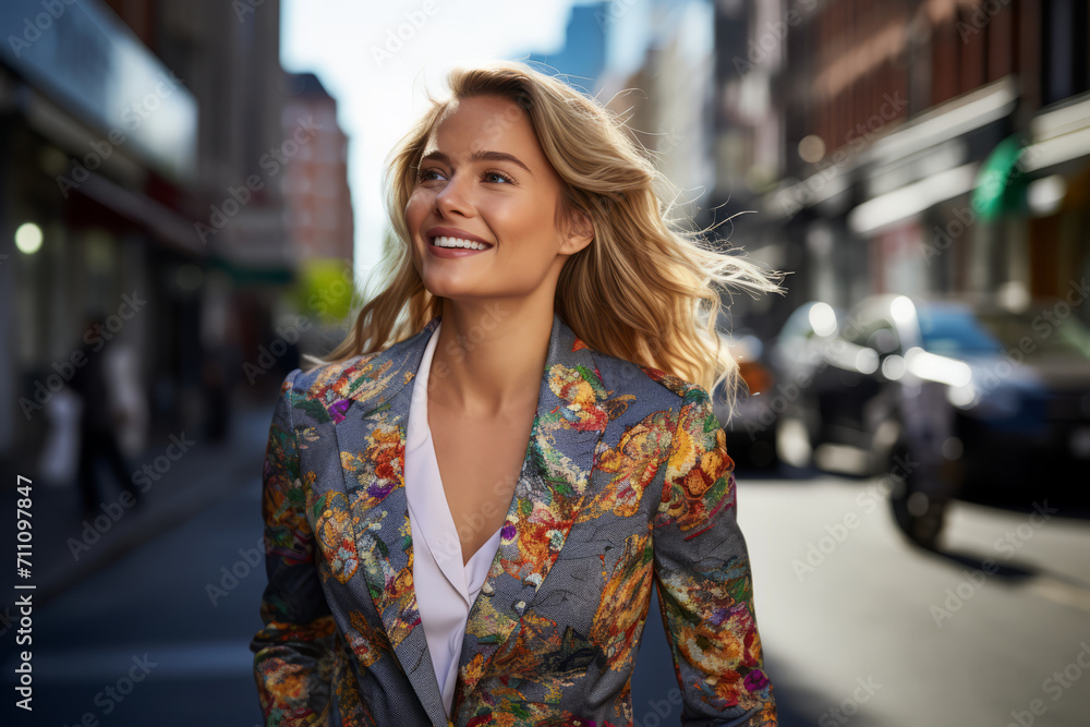 A sophisticated woman in a vibrant paisley blazer, confidently striding down a bustling city street, her radiant smile reflecting the energy of the urban jungle around her